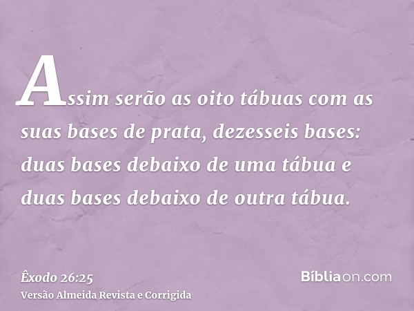 Assim serão as oito tábuas com as suas bases de prata, dezesseis bases: duas bases debaixo de uma tábua e duas bases debaixo de outra tábua.