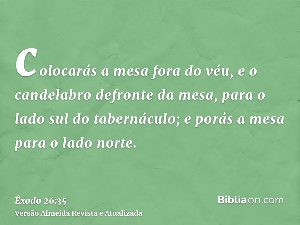 colocarás a mesa fora do véu, e o candelabro defronte da mesa, para o lado sul do tabernáculo; e porás a mesa para o lado norte.