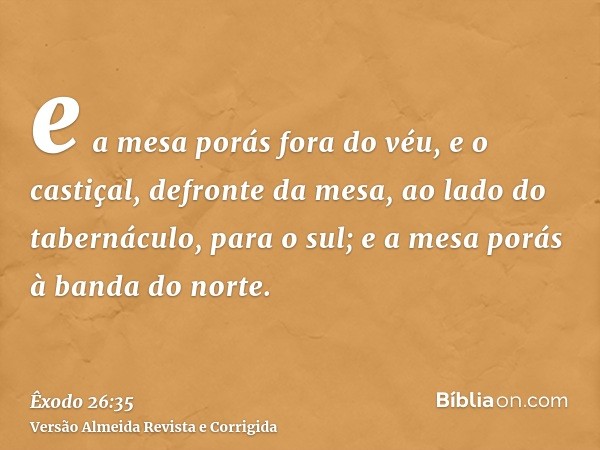 e a mesa porás fora do véu, e o castiçal, defronte da mesa, ao lado do tabernáculo, para o sul; e a mesa porás à banda do norte.