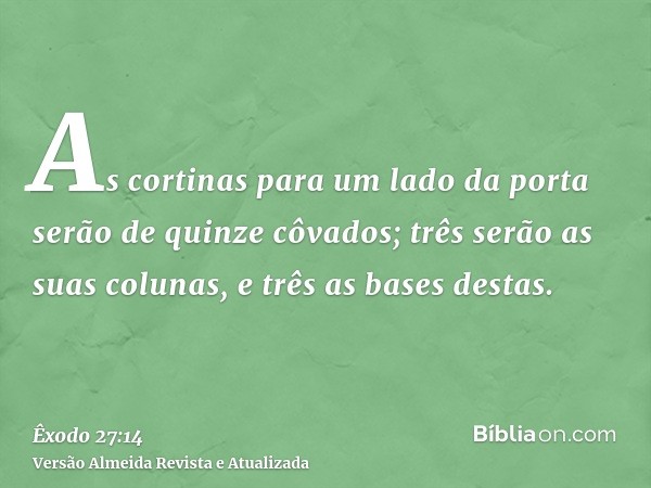 As cortinas para um lado da porta serão de quinze côvados; três serão as suas colunas, e três as bases destas.