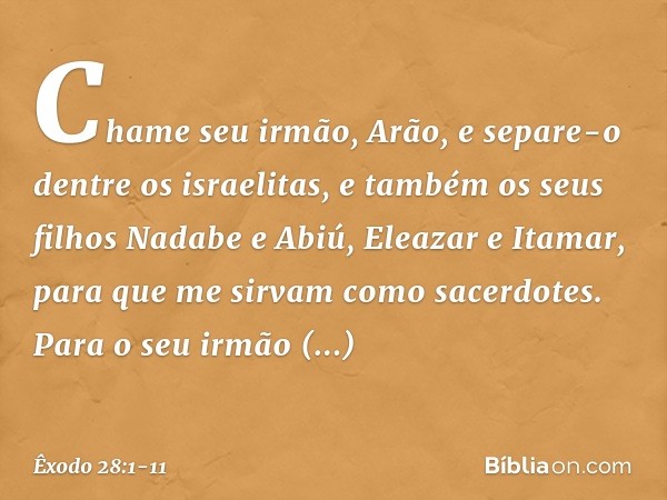 "Chame seu irmão, Arão, e separe-o dentre os israelitas, e também os seus filhos Nadabe e Abiú, Eleazar e Itamar, para que me sirvam como sacerdotes. Para o seu