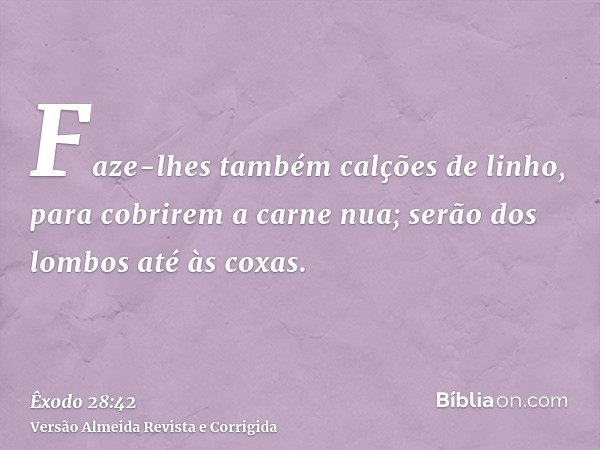 Faze-lhes também calções de linho, para cobrirem a carne nua; serão dos lombos até às coxas.