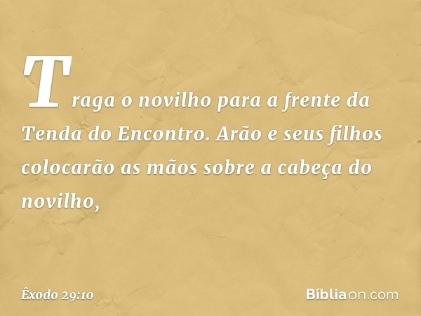 "Traga o novilho para a frente da Ten­da do Encontro. Arão e seus filhos colocarão as mãos sobre a cabeça do novilho, -- Êxodo 29:10