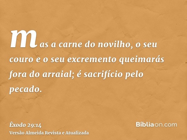 mas a carne do novilho, o seu couro e o seu excremento queimarás fora do arraial; é sacrifício pelo pecado.