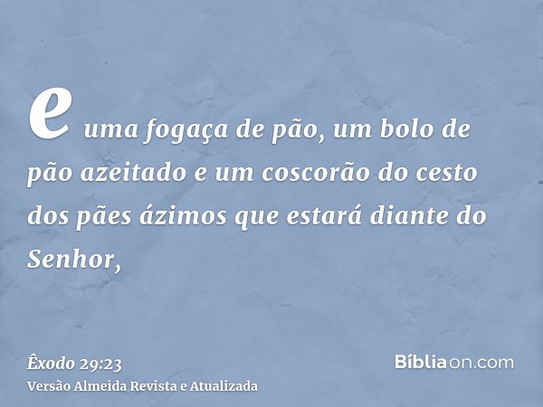 e uma fogaça de pão, um bolo de pão azeitado e um coscorão do cesto dos pães ázimos que estará diante do Senhor,