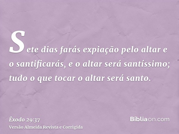 Sete dias farás expiação pelo altar e o santificarás, e o altar será santíssimo; tudo o que tocar o altar será santo.