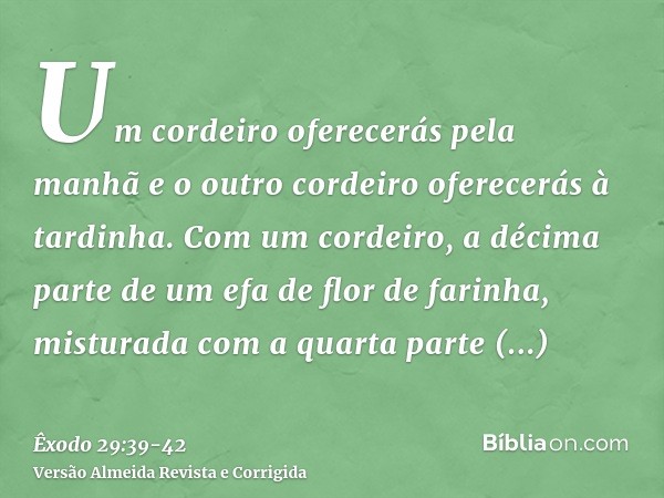 Um cordeiro oferecerás pela manhã e o outro cordeiro oferecerás à tardinha.Com um cordeiro, a décima parte de um efa de flor de farinha, misturada com a quarta 
