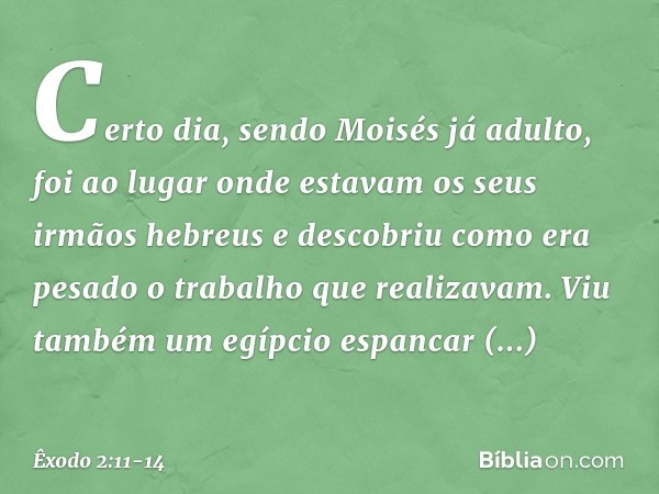 Certo dia, sendo Moisés já adulto, foi ao lugar onde estavam os seus irmãos hebreus e descobriu como era pesado o trabalho que realizavam. Viu também um egípcio