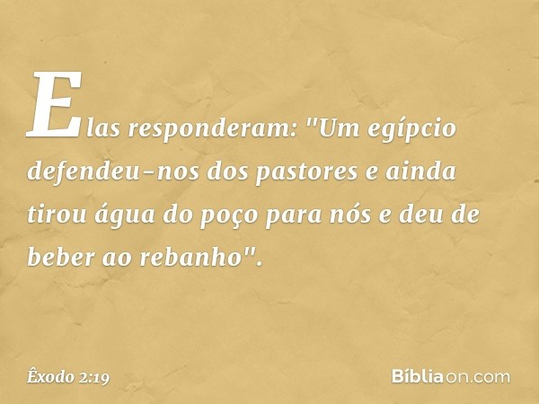 Elas responderam: "Um egípcio defendeu-nos dos pastores e ainda tirou água do poço para nós e deu de beber ao rebanho". -- Êxodo 2:19