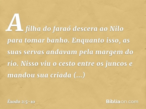 A filha do faraó descera ao Nilo para tomar banho. Enquanto isso, as suas servas an­davam pela margem do rio. Nisso viu o cesto entre os juncos e mandou sua cri