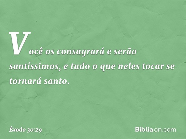 Vo­cê os consagrará e serão santíssimos, e tudo o que neles tocar se tornará santo. -- Êxodo 30:29