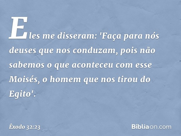 Eles me disseram: 'Faça para nós deuses que nos conduzam, pois não sabemos o que aconteceu com esse Moisés, o homem que nos tirou do Egito'. -- Êxodo 32:23