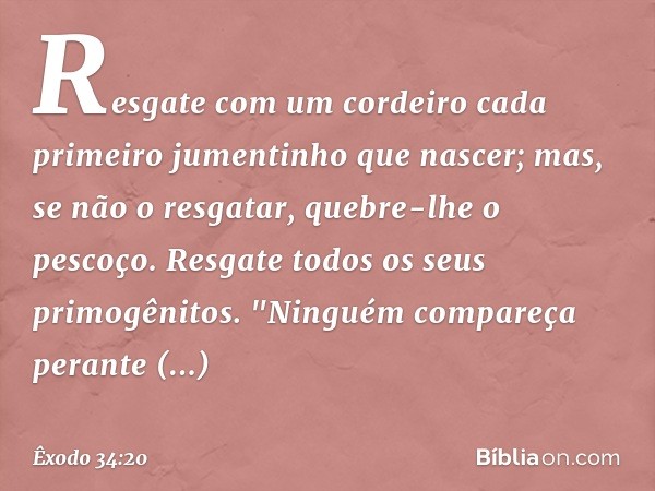 Resgate com um cordeiro cada primeiro jumentinho que nascer; mas, se não o resgatar, quebre-lhe o pescoço. Resgate todos os seus primogênitos.
"Ninguém compareç