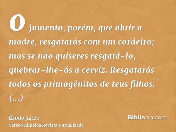 o jumento, porém, que abrir a madre, resgatarás com um cordeiro; mas se não quiseres resgatá-lo, quebrar-lhe-ás a cerviz. Resgatarás todos os primogênitos de te