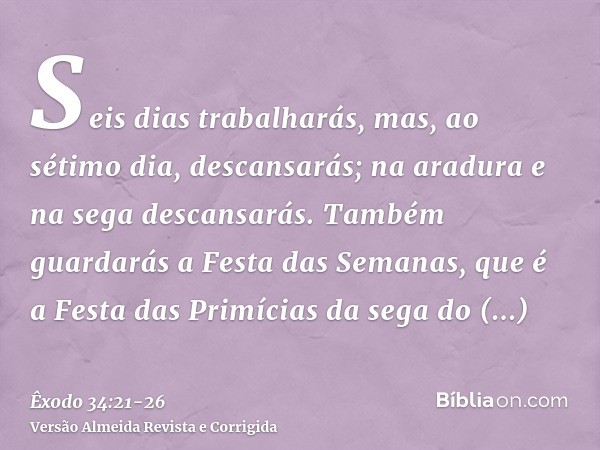 Seis dias trabalharás, mas, ao sétimo dia, descansarás; na aradura e na sega descansarás.Também guardarás a Festa das Semanas, que é a Festa das Primícias da se