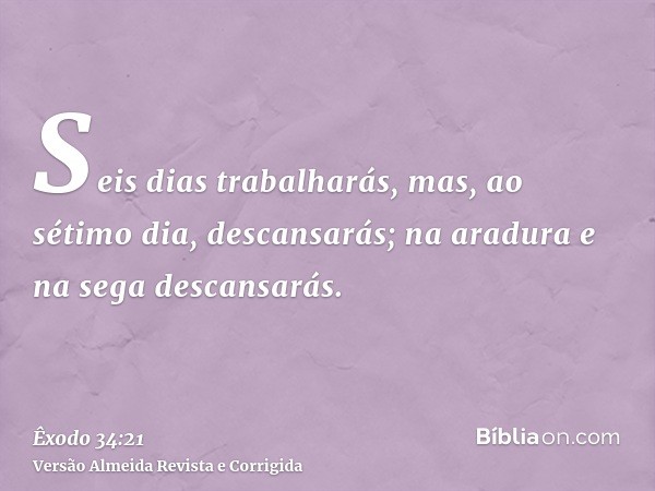 Seis dias trabalharás, mas, ao sétimo dia, descansarás; na aradura e na sega descansarás.