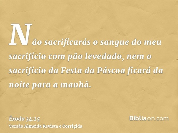 Não sacrificarás o sangue do meu sacrifício com pão levedado, nem o sacrifício da Festa da Páscoa ficará da noite para a manhã.