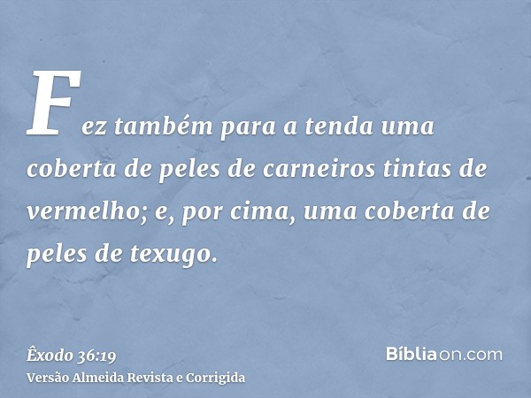 Fez também para a tenda uma coberta de peles de carneiros tintas de vermelho; e, por cima, uma coberta de peles de texugo.