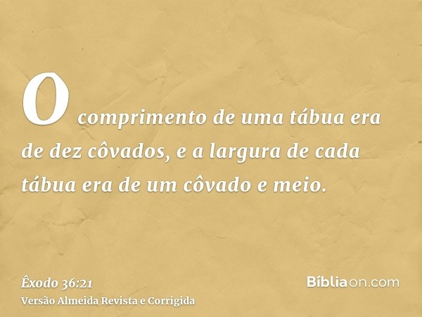 O comprimento de uma tábua era de dez côvados, e a largura de cada tábua era de um côvado e meio.
