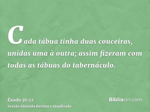 Cada tábua tinha duas couceiras, unidas uma à outra; assim fizeram com todas as tábuas do tabernáculo.