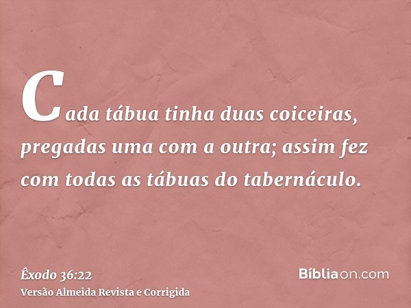 Cada tábua tinha duas coiceiras, pregadas uma com a outra; assim fez com todas as tábuas do tabernáculo.