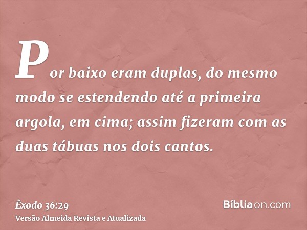 Por baixo eram duplas, do mesmo modo se estendendo até a primeira argola, em cima; assim fizeram com as duas tábuas nos dois cantos.