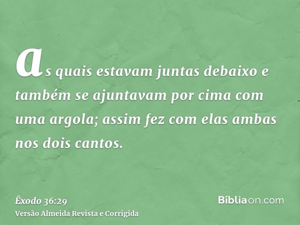 as quais estavam juntas debaixo e também se ajuntavam por cima com uma argola; assim fez com elas ambas nos dois cantos.