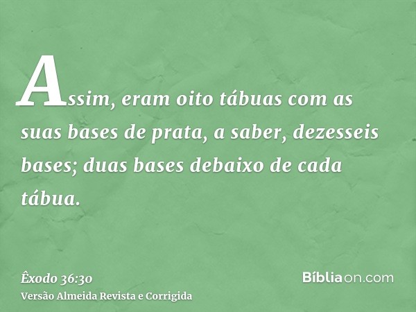 Assim, eram oito tábuas com as suas bases de prata, a saber, dezesseis bases; duas bases debaixo de cada tábua.