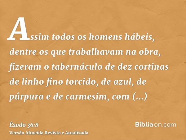 Assim todos os homens hábeis, dentre os que trabalhavam na obra, fizeram o tabernáculo de dez cortinas de linho fino torcido, de azul, de púrpura e de carmesim,