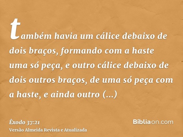 também havia um cálice debaixo de dois braços, formando com a haste uma só peça, e outro cálice debaixo de dois outros braços, de uma só peça com a haste, e ain