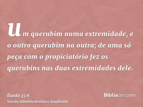 um querubim numa extremidade, e o outro querubim na outra; de uma só peça com o propiciatório fez os querubins nas duas extremidades dele.