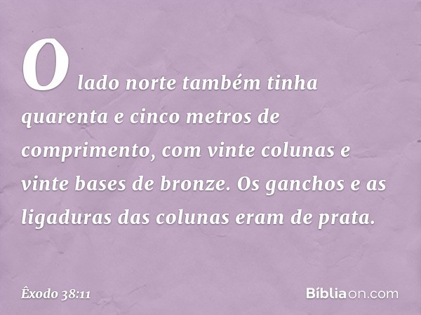 O lado norte também tinha quarenta e cinco metros de comprimento, com vinte colunas e vinte bases de bronze. Os ganchos e as ligaduras das colu­nas eram de prat