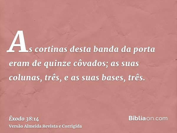 As cortinas desta banda da porta eram de quinze côvados; as suas colunas, três, e as suas bases, três.