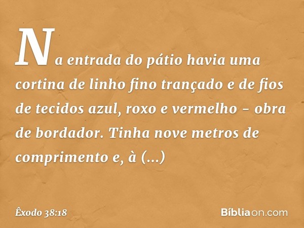 Na entrada do pátio havia uma cortina de linho fino trançado e de fios de tecidos azul, roxo e vermelho - obra de bordador. Tinha nove metros de comprimento e, 