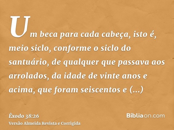 Um beca para cada cabeça, isto é, meio siclo, conforme o siclo do santuário, de qualquer que passava aos arrolados, da idade de vinte anos e acima, que foram se