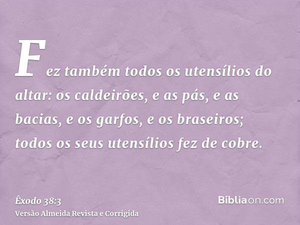 Fez também todos os utensílios do altar: os caldeirões, e as pás, e as bacias, e os garfos, e os braseiros; todos os seus utensílios fez de cobre.