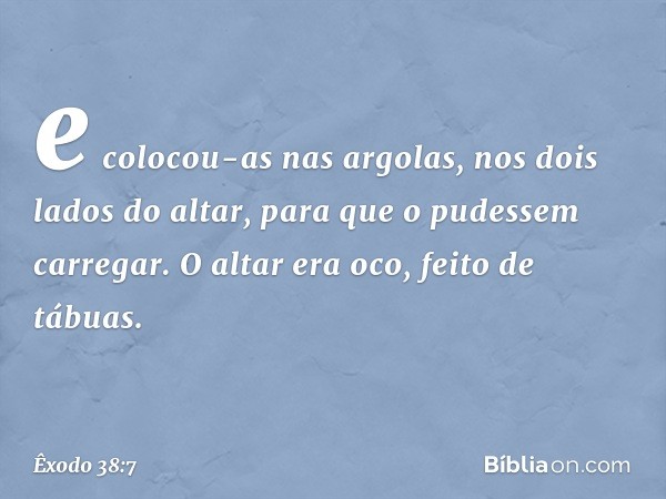 e colocou-as nas argolas, nos dois lados do altar, para que o pudessem carregar. O altar era oco, feito de tábuas. -- Êxodo 38:7