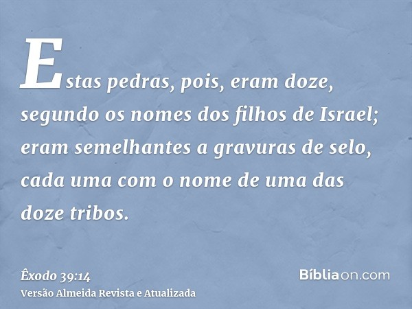 Estas pedras, pois, eram doze, segundo os nomes dos filhos de Israel; eram semelhantes a gravuras de selo, cada uma com o nome de uma das doze tribos.