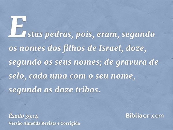 Estas pedras, pois, eram, segundo os nomes dos filhos de Israel, doze, segundo os seus nomes; de gravura de selo, cada uma com o seu nome, segundo as doze tribo