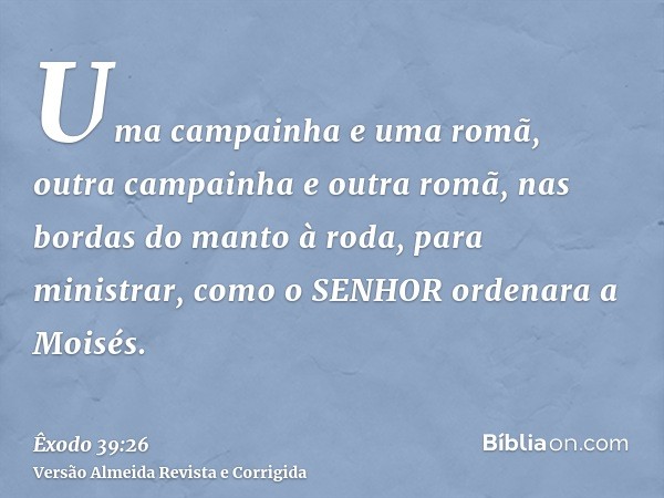 Uma campainha e uma romã, outra campainha e outra romã, nas bordas do manto à roda, para ministrar, como o SENHOR ordenara a Moisés.
