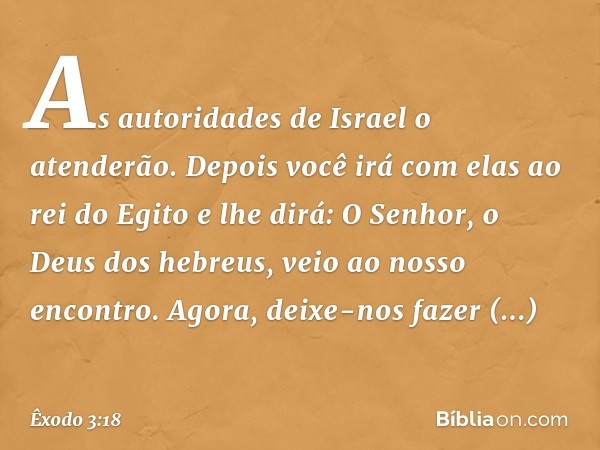 "As autoridades de Israel o atenderão. Depois você irá com elas ao rei do Egito e lhe dirá: O Senhor, o Deus dos hebreus, veio ao nosso encontro. Agora, deixe-n