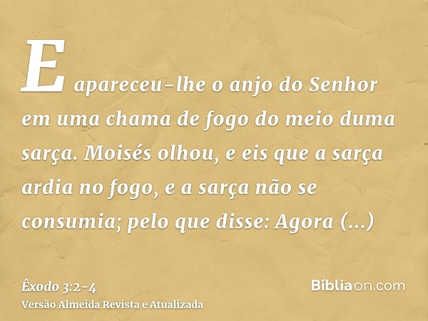 E apareceu-lhe o anjo do Senhor em uma chama de fogo do meio duma sarça. Moisés olhou, e eis que a sarça ardia no fogo, e a sarça não se consumia;pelo que disse