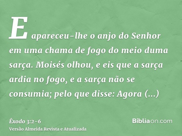 E apareceu-lhe o anjo do Senhor em uma chama de fogo do meio duma sarça. Moisés olhou, e eis que a sarça ardia no fogo, e a sarça não se consumia;pelo que disse