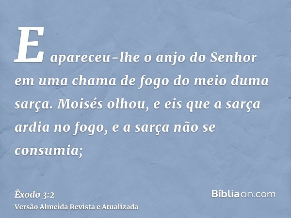 E apareceu-lhe o anjo do Senhor em uma chama de fogo do meio duma sarça. Moisés olhou, e eis que a sarça ardia no fogo, e a sarça não se consumia;