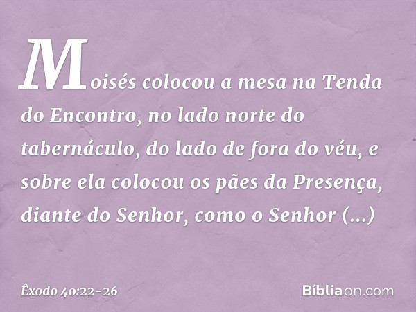 Moisés colocou a mesa na Tenda do Encontro, no lado norte do tabernáculo, do lado de fora do véu, e sobre ela colocou os pães da Presença, diante do Senhor, com