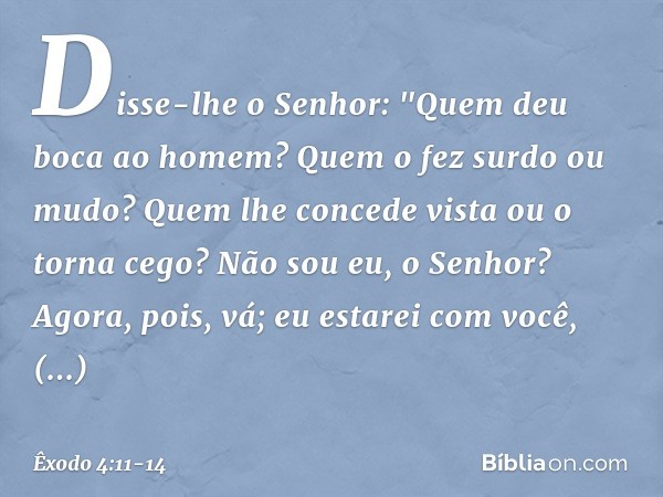 Disse-lhe o Senhor: "Quem deu boca ao homem? Quem o fez surdo ou mudo? Quem lhe concede vista ou o torna cego? Não sou eu, o Senhor? Agora, pois, vá; eu estarei