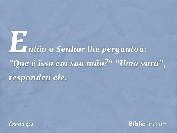 Então o Senhor lhe perguntou: "Que é isso em sua mão?"
"Uma vara", respondeu ele. -- Êxodo 4:2