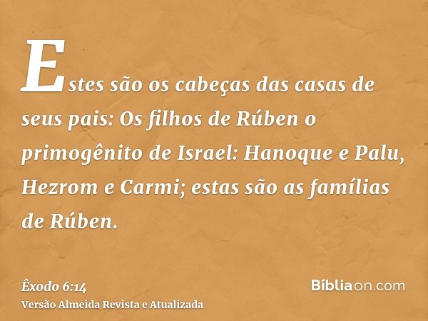 Estes são os cabeças das casas de seus pais: Os filhos de Rúben o primogênito de Israel: Hanoque e Palu, Hezrom e Carmi; estas são as famílias de Rúben.