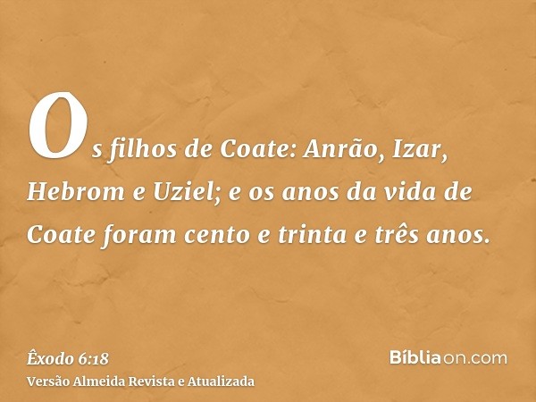 Os filhos de Coate: Anrão, Izar, Hebrom e Uziel; e os anos da vida de Coate foram cento e trinta e três anos.