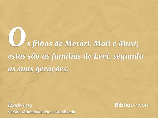 Os filhos de Merári: Mali e Musi; estas são as famílias de Levi, segundo as suas gerações.